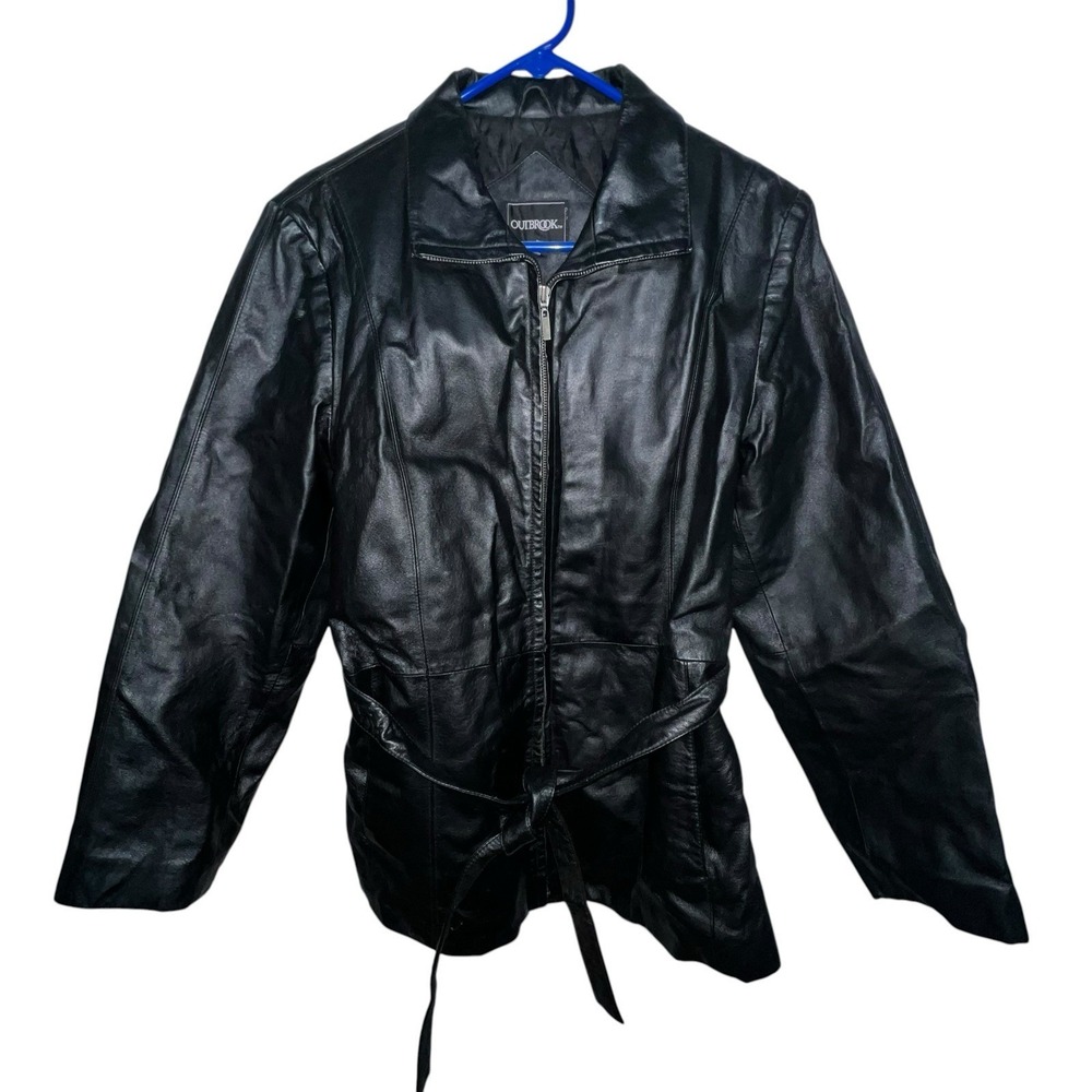 VTG Outbrook Womens Black Genuine Leather Zipper Lined‎ Belted Waist Jacket Sz L